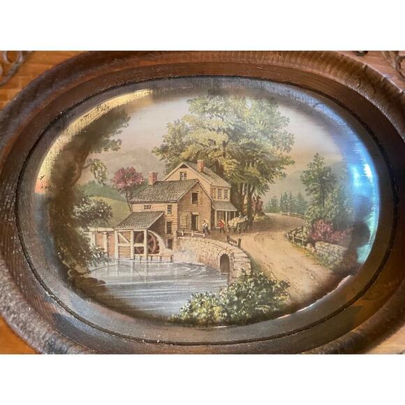 Vintage Framed Mirror Reflective Art Picture. House River Scenery. - Picture 2 of 5